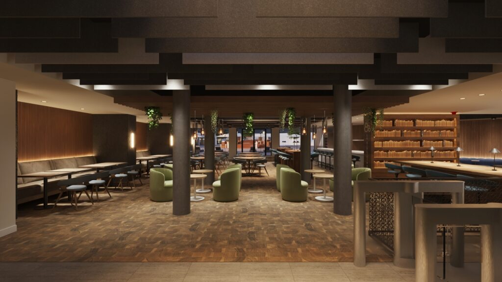Rendering of club cafe and dining area